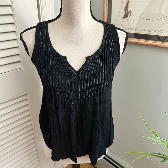 Ya Top Womens Black Small Crinkle Gauzy Tank Retro Bohemian Grunge Festival - Picture 1 of 10